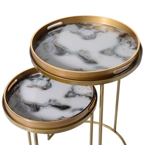 Set of 2 white marble effect tray tables