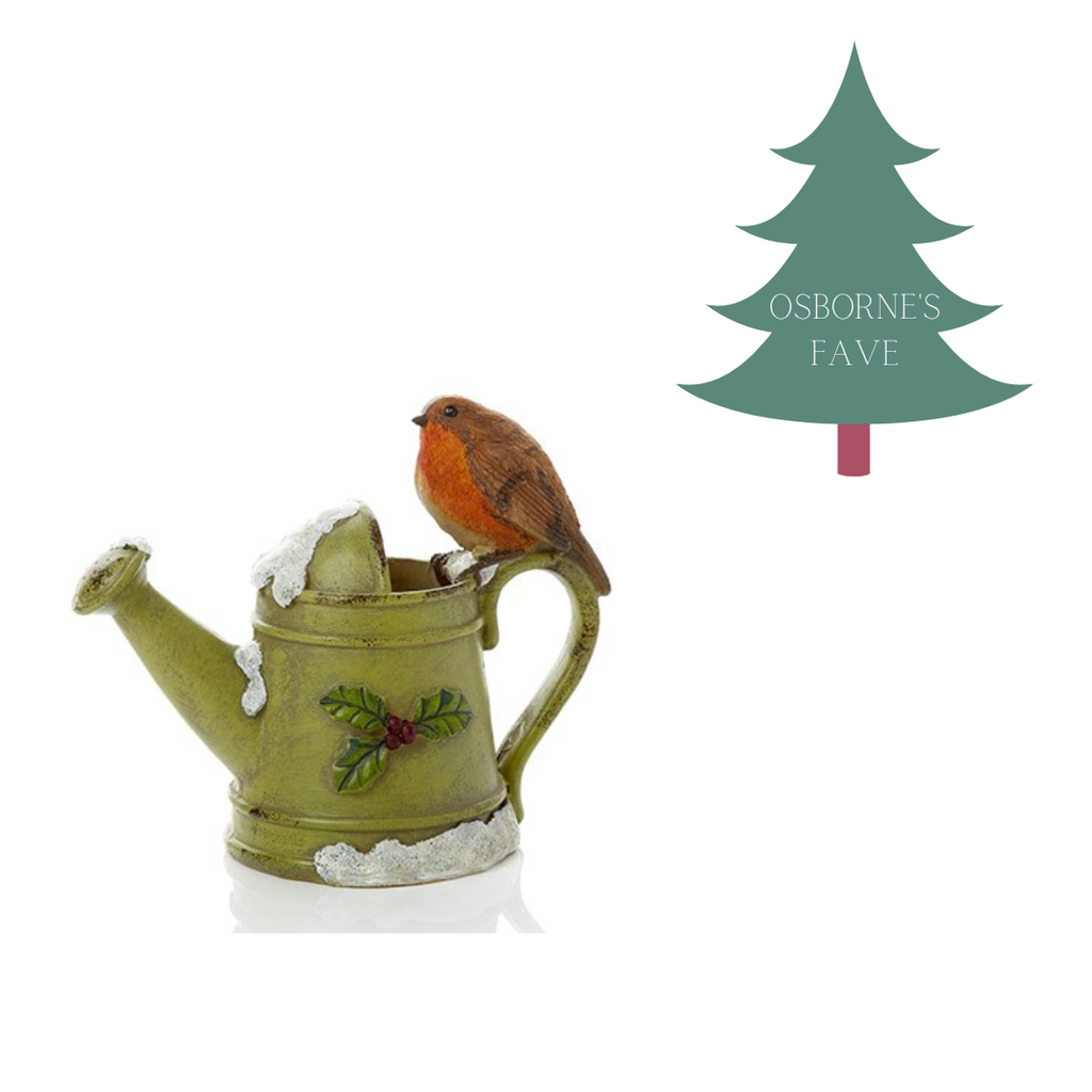 Christmas robin on watering can ornament