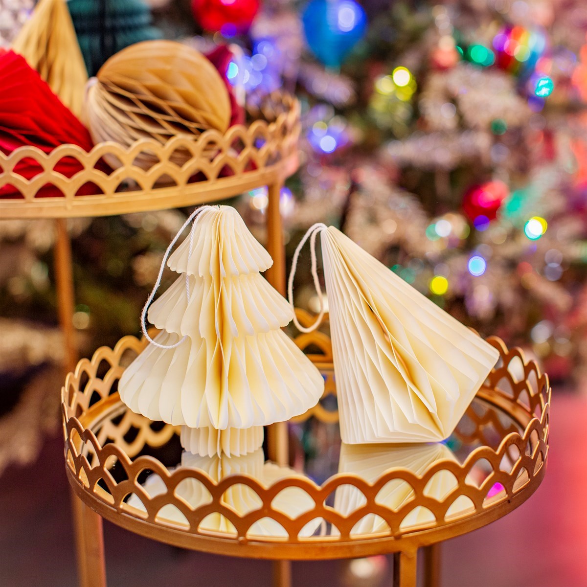 Diamond and tree shaped honeycomb hanging decorations