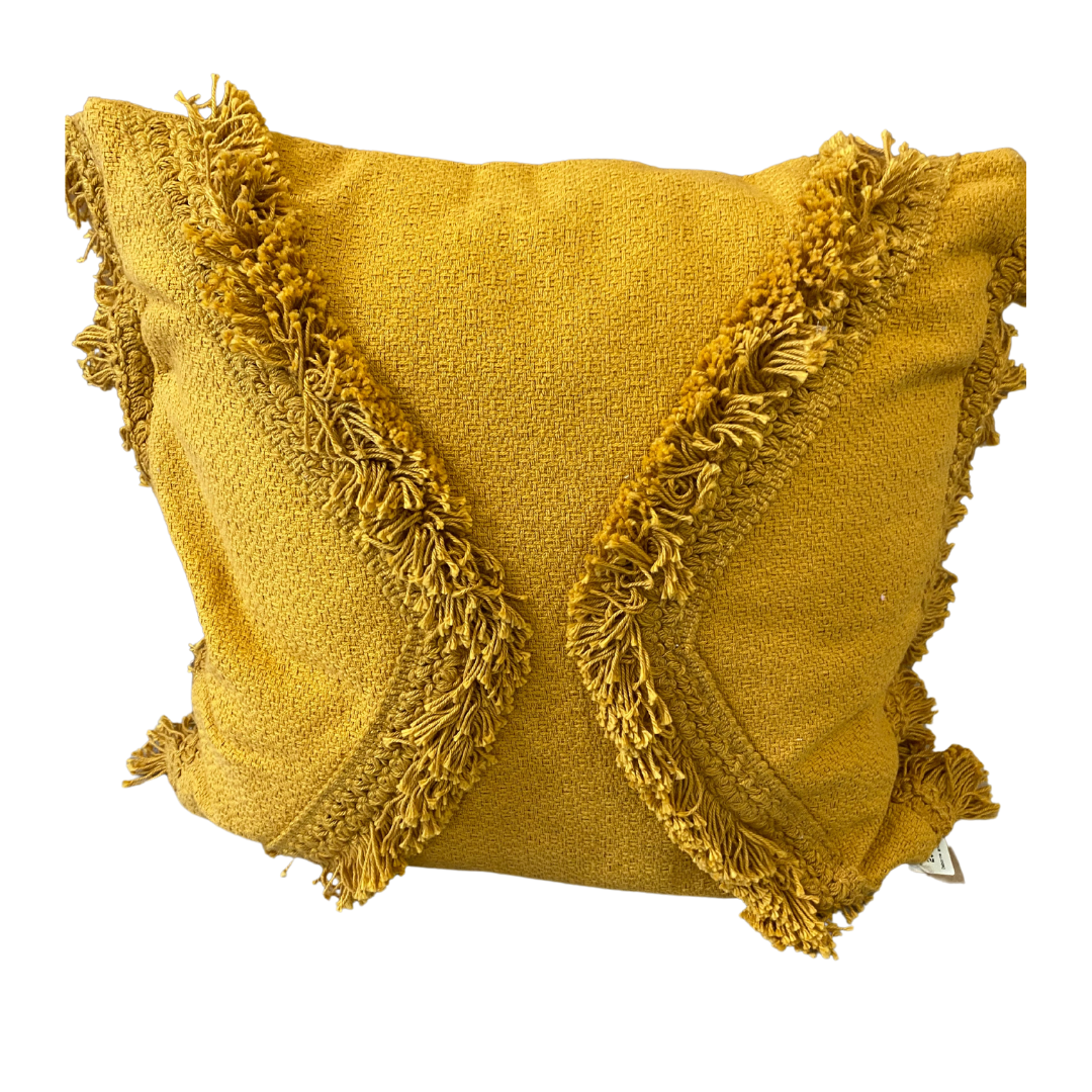 Mustard cushion with fringe