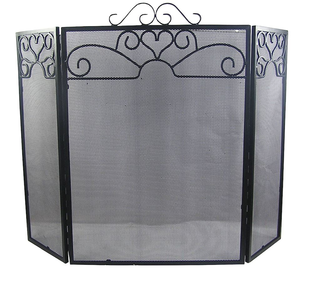 Black 3 fold fire screen with heart and swirl detail-TALL