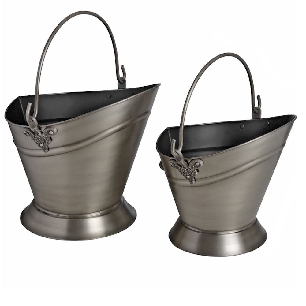 Pewter coal bucket with ornate handle detail