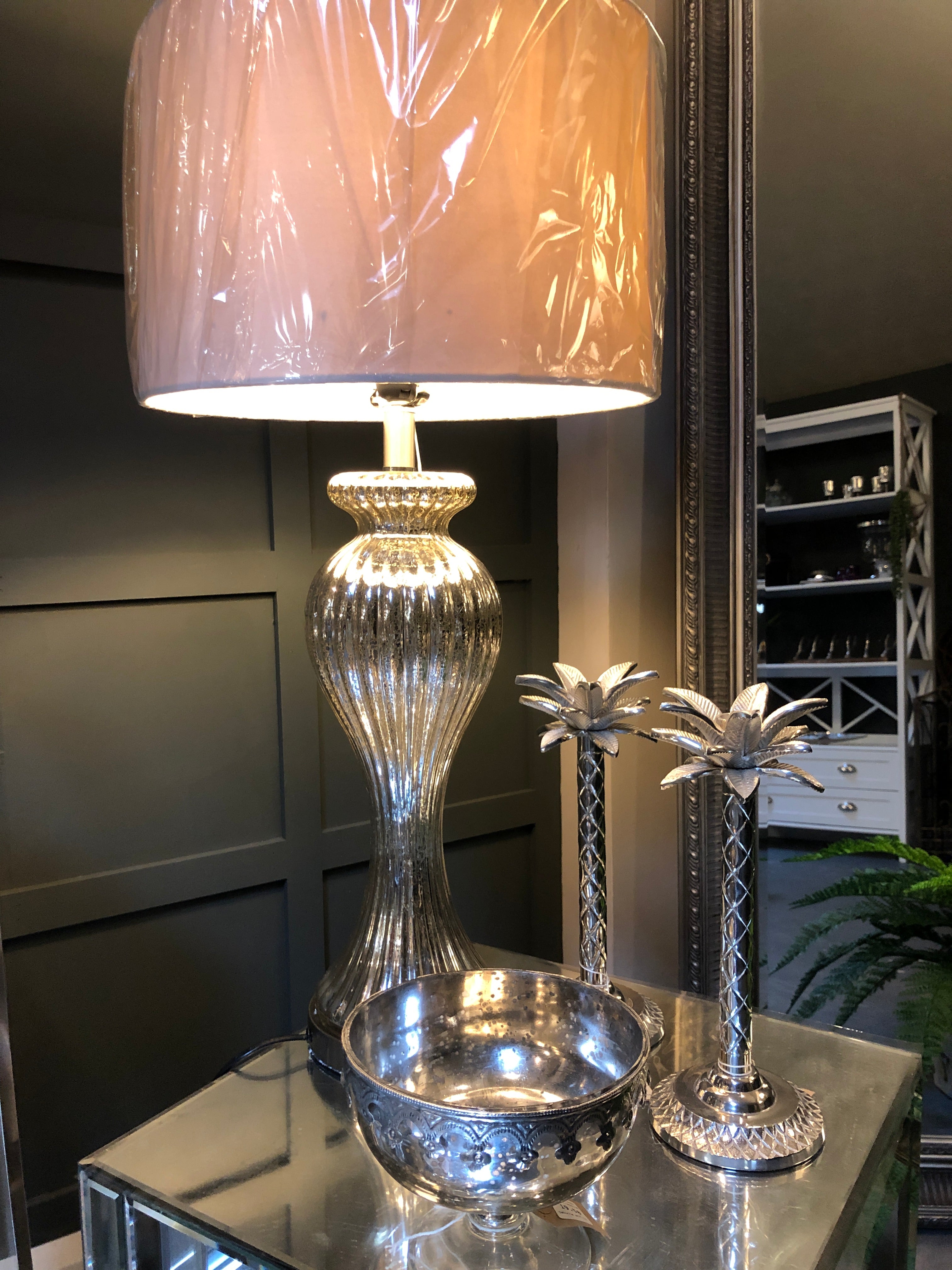Tall mottled silver/gold table lamp with cream velvet shade