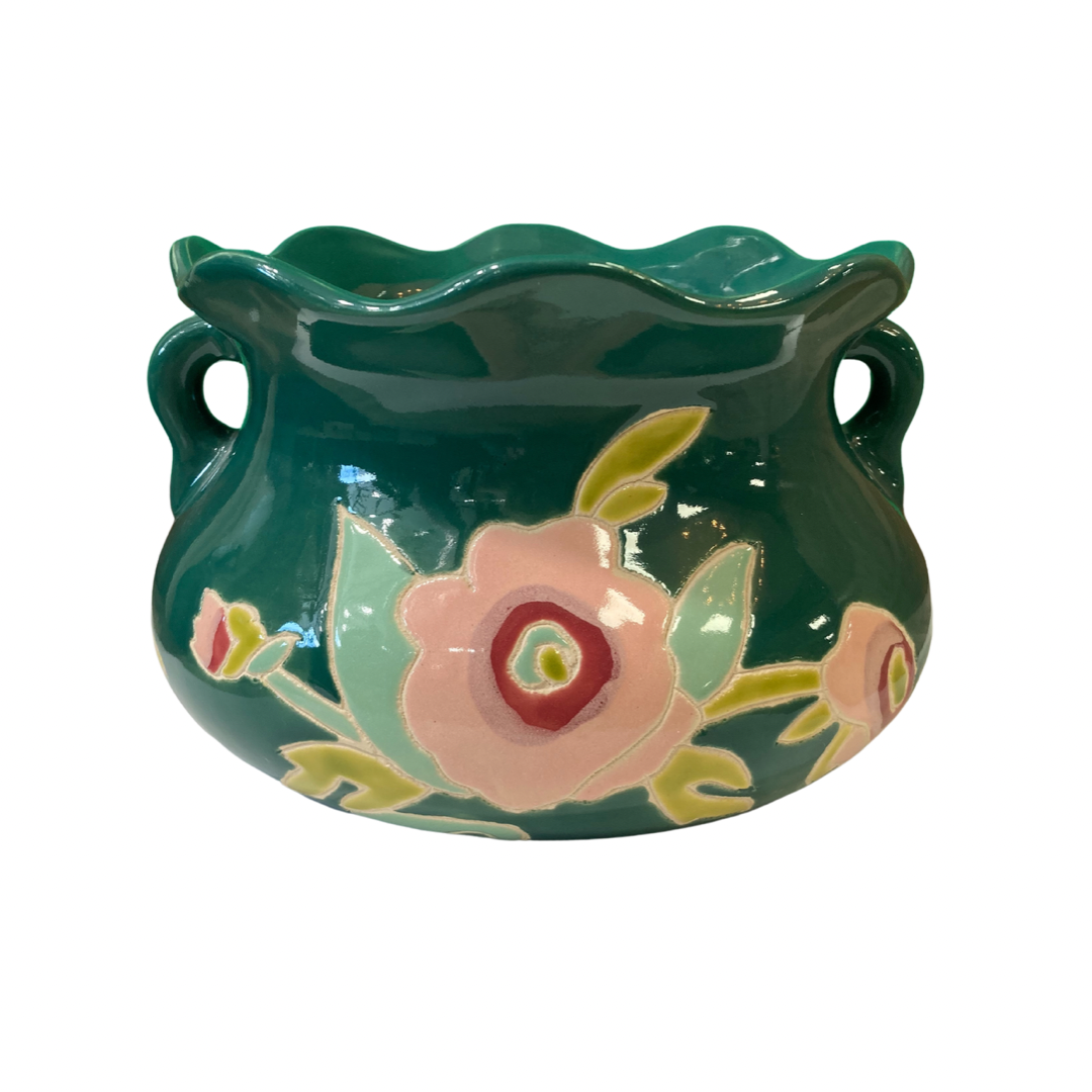 Short emerald green floral vase