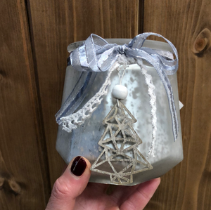 Frosted and speckled glass tealight with ribbons and Christmas tree