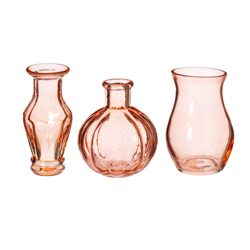 Recycled glass vintage bud vase-set of 3 in pale blue/pink