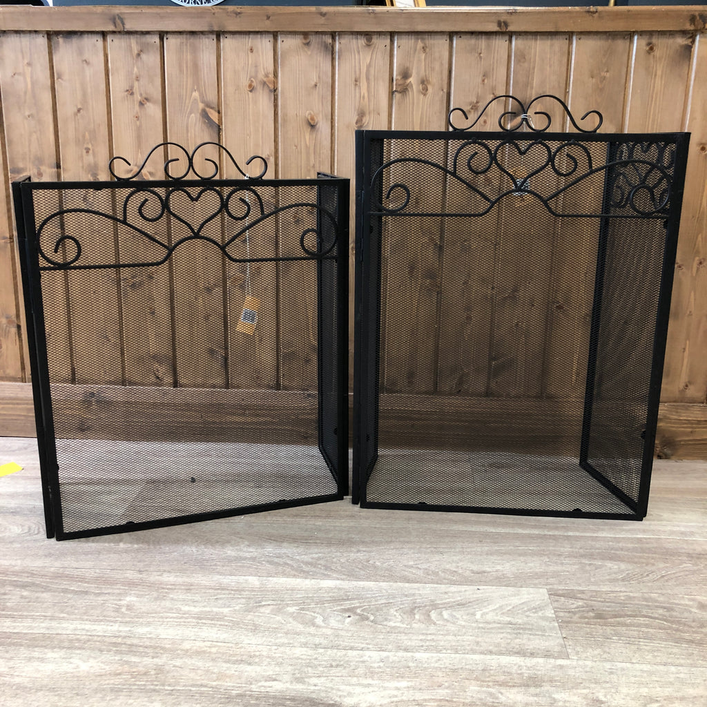 Black 3 fold fire screen with heart and swirl detail