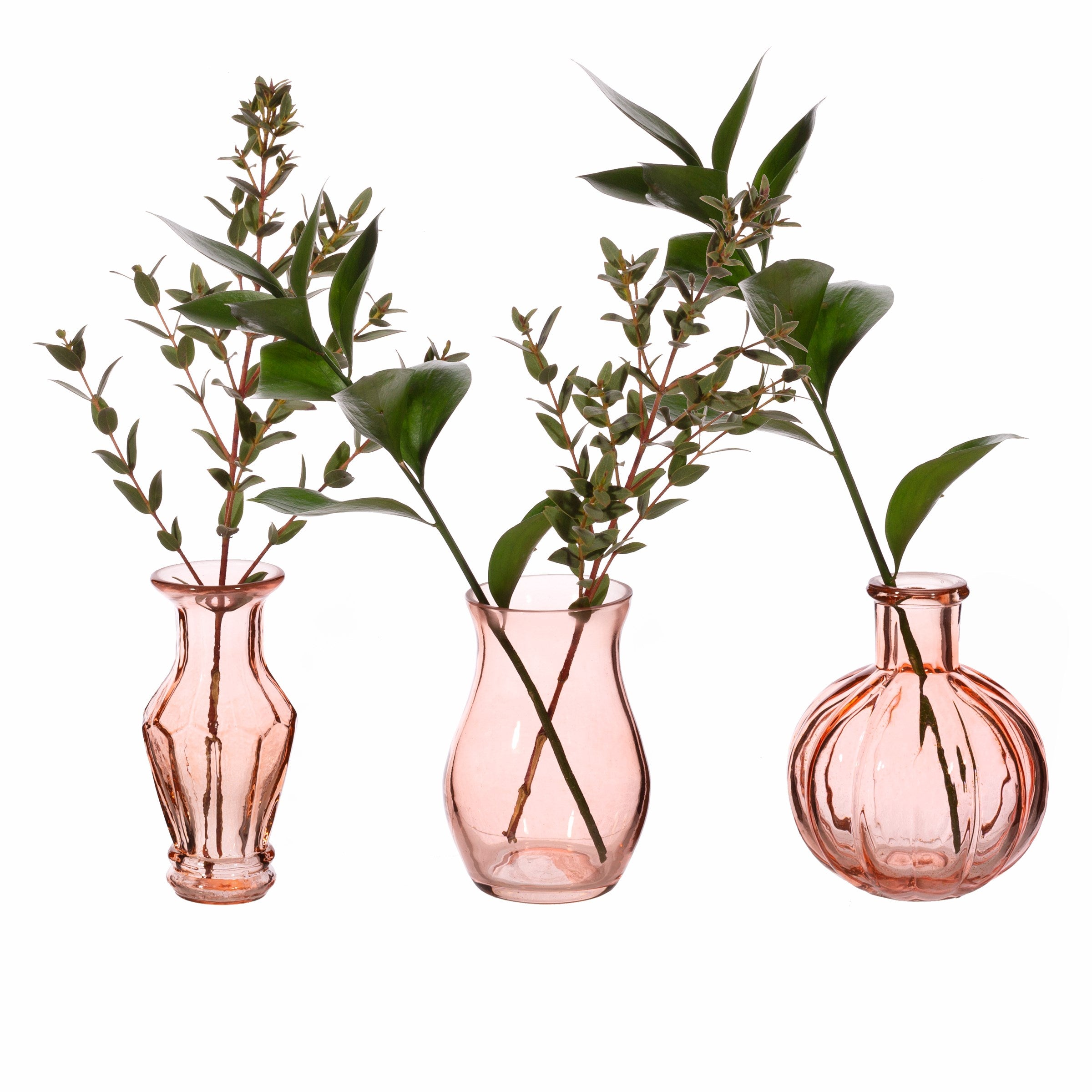 Recycled glass vintage bud vase-set of 3 in pale blue/pink