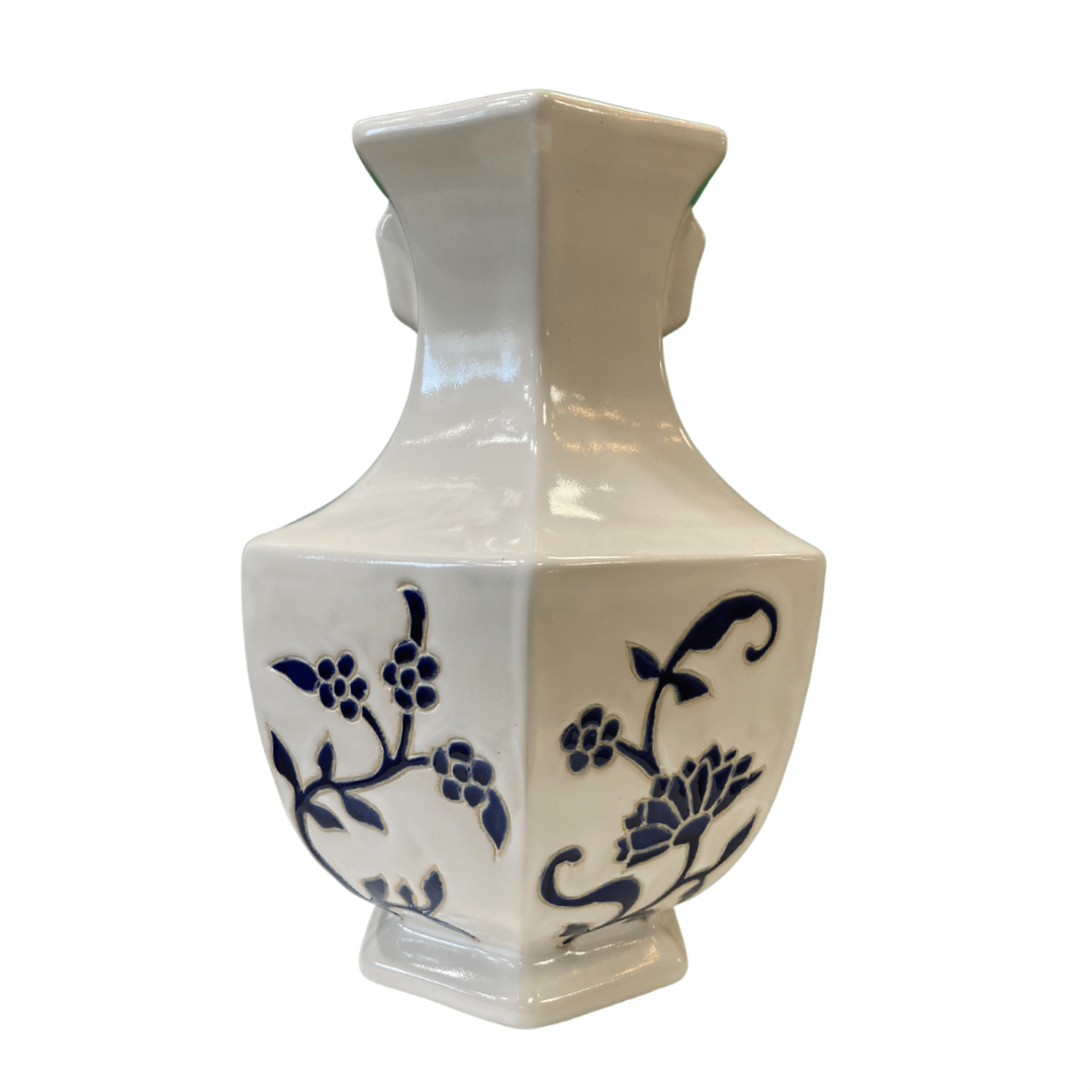 Blue and white floral print structured edge vase