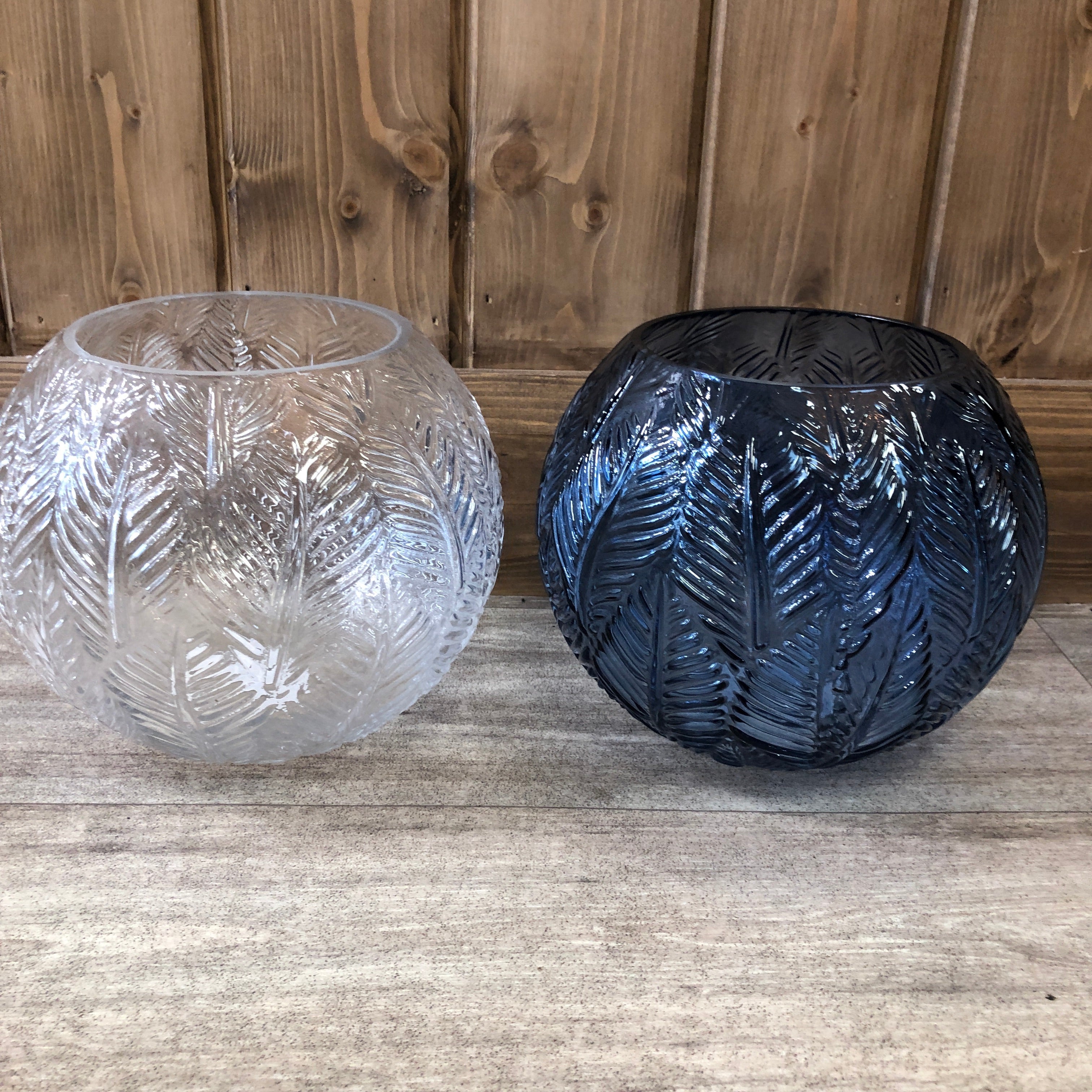Clear glass leaf impression globe vase