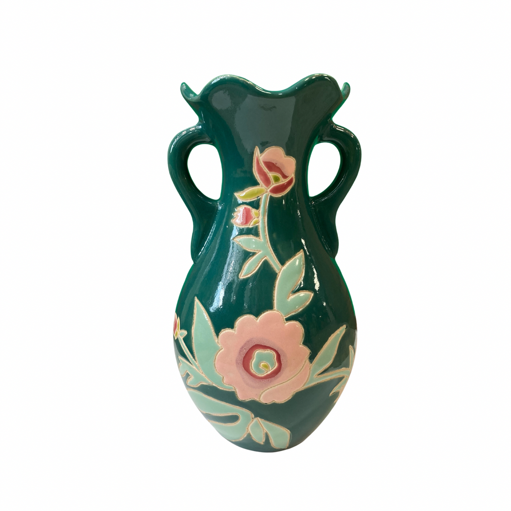 Tall emerald green floral vase