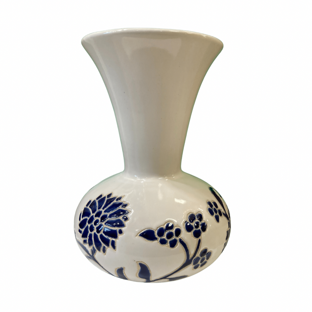 Blue and white floral print flute vase