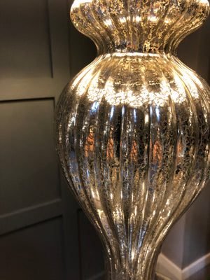 Tall mottled silver/gold table lamp with cream velvet shade